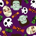 Funny halloween monsters, skulls, mummies and candies vector seamless pattern